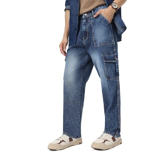 Urbano Fashion Men's Blue Loose Baggy Fit Washed Cargo Jeans with 6 Pockets Non-Stretchable (jeanlscargotowl-mblue-34)