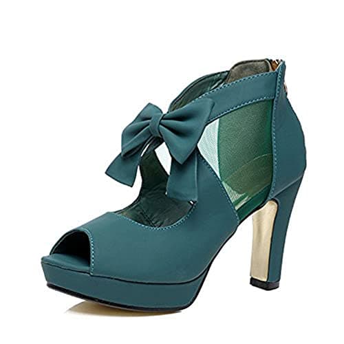 GATUXUS Open Toe Women Platform High Heel Shoes Bows Strappy Sandals (US 7.5, Dark Green)