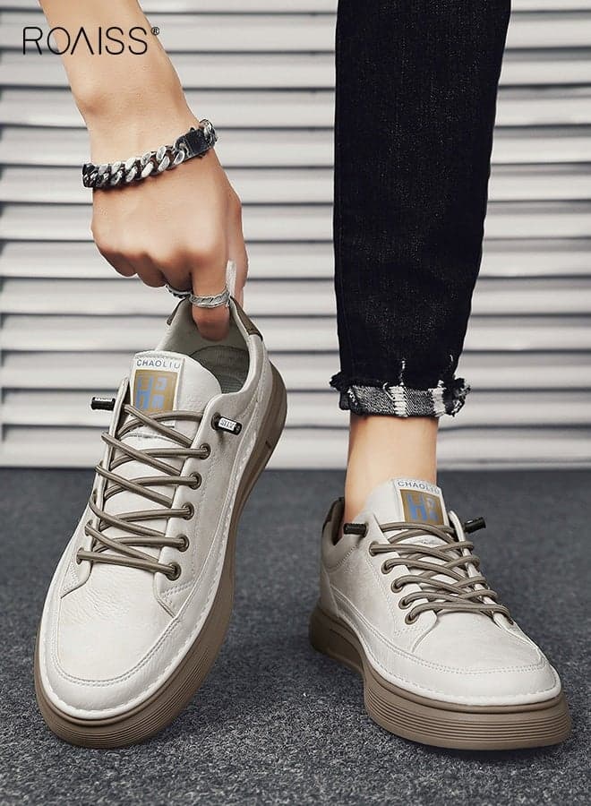 Men's Leather Slip-On Comfortable Non-slip Round Toe Low-Top Elasticated Versatile Sneakers Daily Casual Sports Work Flat Shoes Beige Casual Shoes