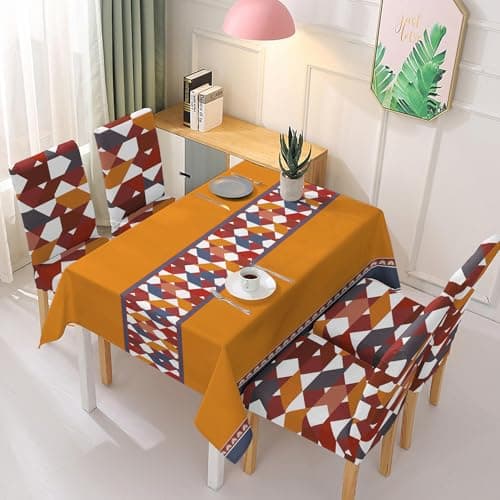 HOKIPO Polyester Elastic Dining Chair Covers Set of 4 with Matching Rectangular Tablecloth, Parallelogram Ochre Brown (AR-5359-D9)