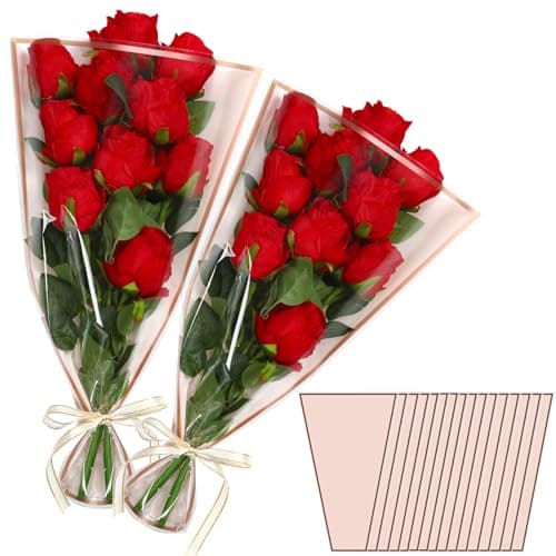 Jansun 40Pcs Pink Flower Bouquet Wrapping Paper with Ribbon Flower Bags for Bouquets Plastic Floral Sleeves Bulk for Valentines Day Mothers Day Wedding Birthday Florist Wrap Supplies