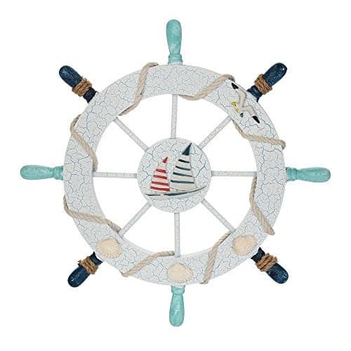 Rienar Nautical Ship Steering Wheel - 11" Diameter Wooden Beach Home Wall Décor With Fishing Net/Shell/Fish/Starfish/Seagull