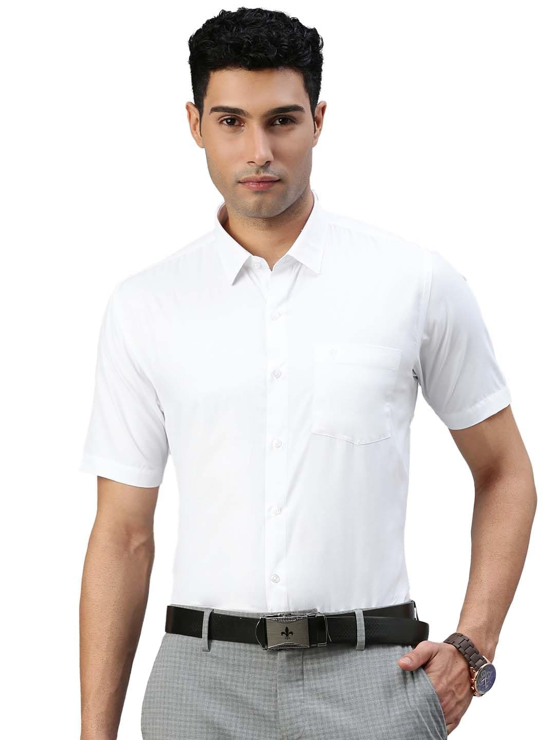 RAMRAJ COTTON Men poly cotton Regular Fit White Solid Ethnic Half Sleeve Shirt ; 40
