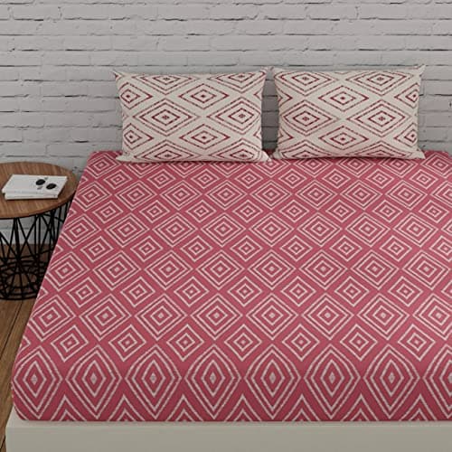 Huesland by Ahmedabad Cotton 144 TC Cotton Bedsheet for King Size Bed with 2 Pillow Covers | 108x108 inch | Peach Pink & White