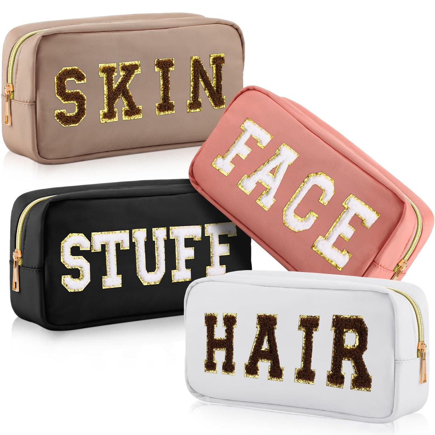 Remerry 4 Pcs Travel Toiletry Bags for Women Nylon Makeup Bag Organizer Cosmetic Chenille Letter Pouch Zipper Preppy Waterproof Hair Pouch Christmas Gift Black Nude Pink White Coffee