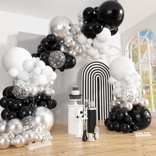 Ouddy Party 149Pcs Black and Sliver White Balloon Arch Garland Kit Different Sizes 18 12 10 5Inch 6Pcs 18 Latex Metallic Confetti Balloons for Birthday Anniversary New Year Wedding Party Decorations