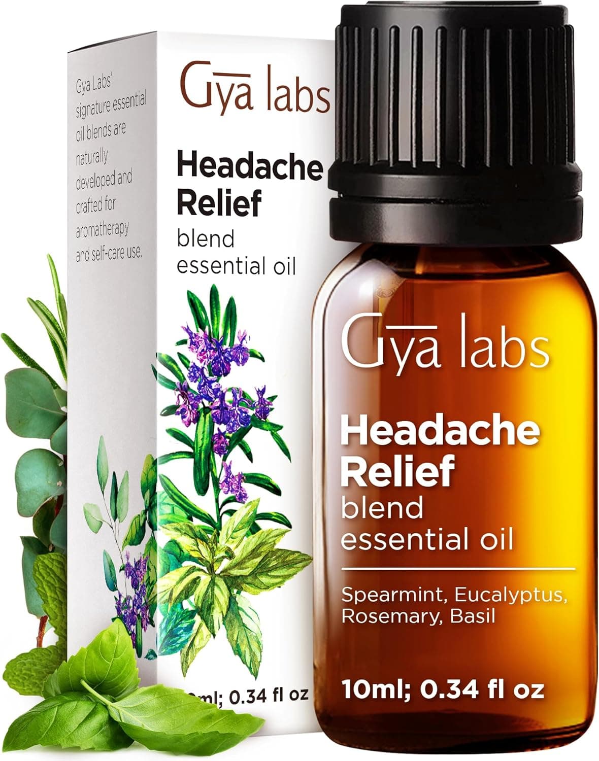 Gya Labs Headache Essential Oil Blend for Diffuser, Aromatherapy, Massage & DIY - 100% Pure Natural Ingredients of Spearmint, Rosemary & Eucalyptus (0.34 Fl Oz)