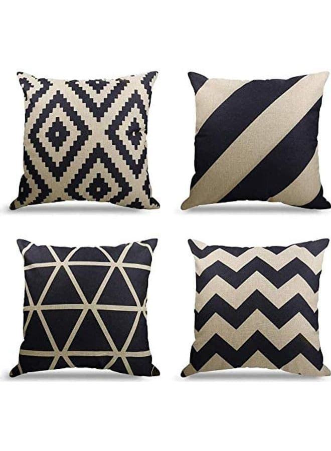 4-Piece Decorative Geometric Design Sofa Pillow Set Cotton 27 x 25.8 x 4.7 cm Black/Beige