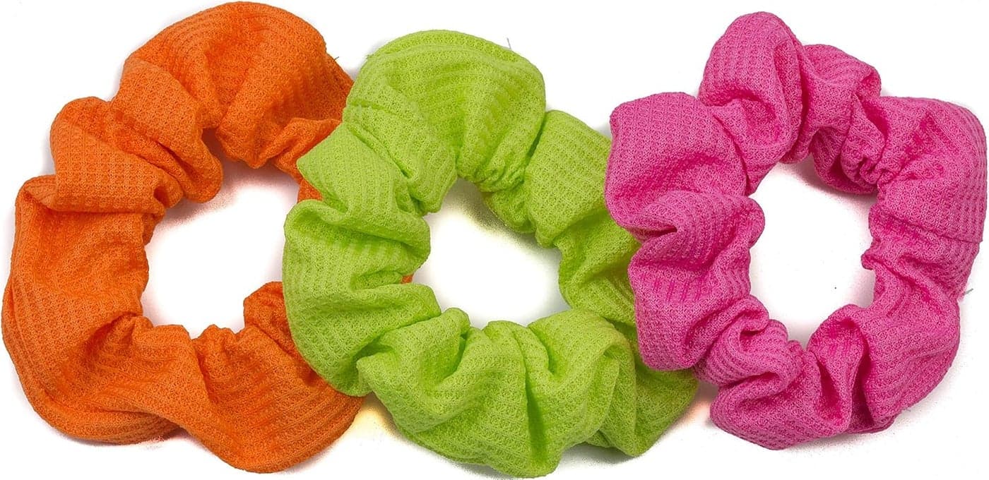 Set of 3 pcs Ponytail Holder Hair Tie Soft Ribbed Bright Neon Solid Colors Scrunchies for girls ladies Orange Green Pink Neon
