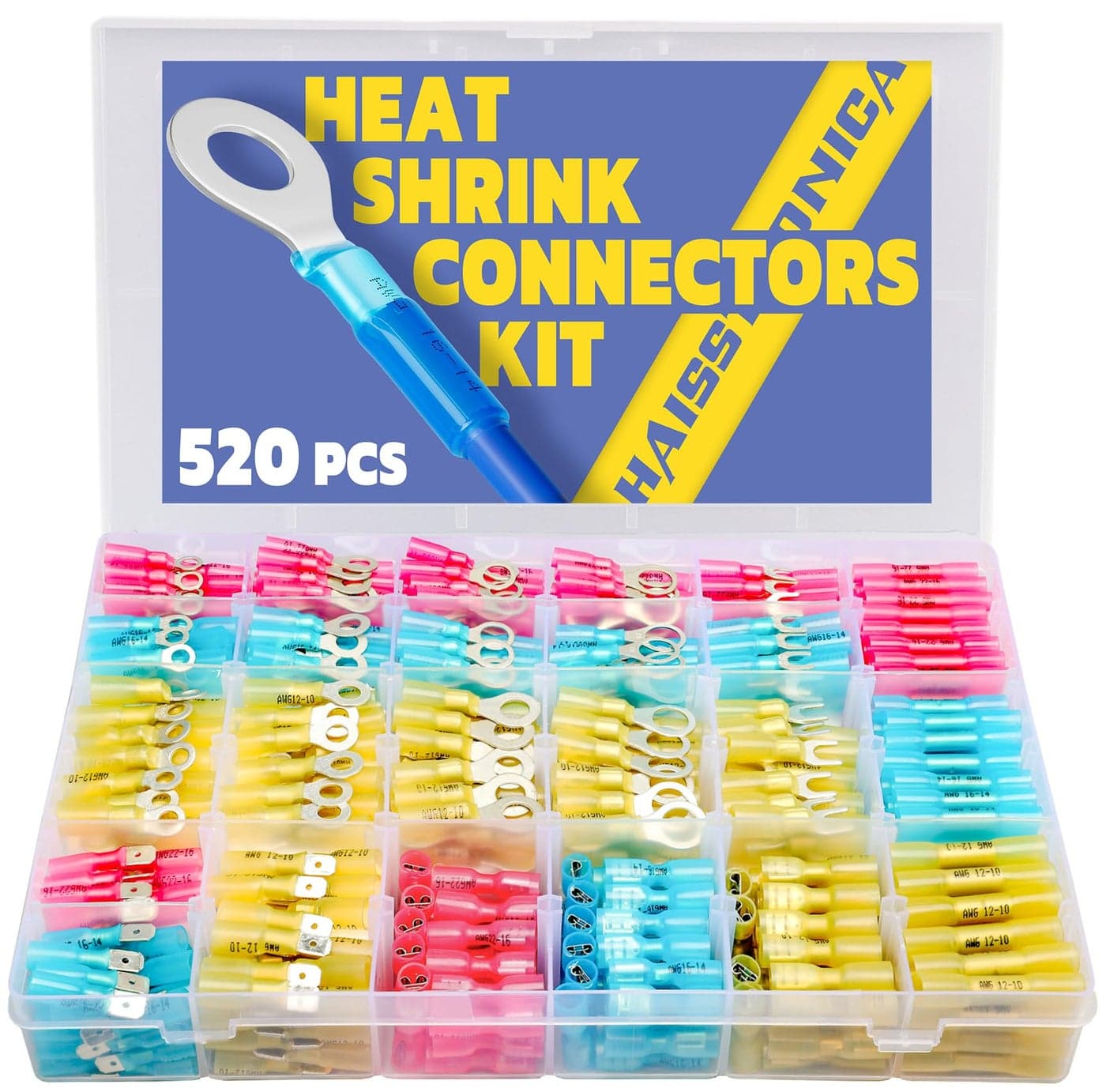 haisstronica 520PCS Marine Grade Heat Shrink Wire ConnectorsElectrical Connectors Kit of Tinned Red Copper1614 2216 1210 Gauge Crimp Insulated Ring Fork Spade Butt Splices3Colors24Size