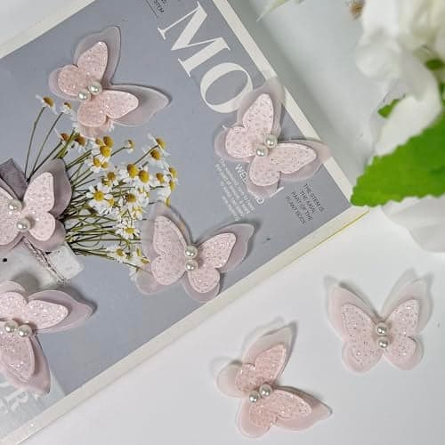 15pcs Pearl Organza Butterfly Embroidered Lace TrimDouble Layers Butterfly Wedding Appliques Sewing Lace for DIY Craft Wedding Bride Hair Dress Hat Accessories Pink