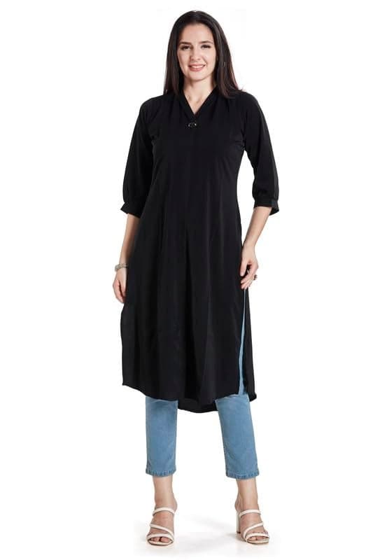nioni Women’s Straight Solid Kurti with V-Fold Neck | Rayon Lycra Material | Fashionable Micro Pleates | 3/4th Sleeve Kurta for Woman & Girls (Black, M)