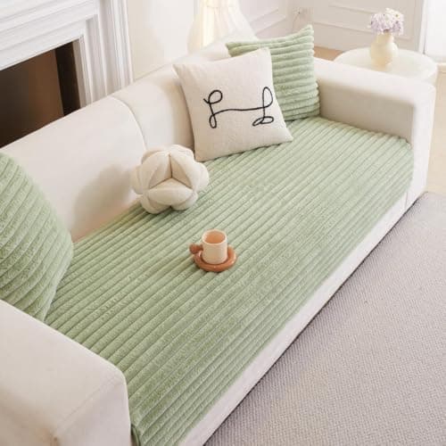 HOMETHREADS 600GSM Thick & Soft Rabbit Fur Plush Sofa Cover–Luxurious Cozy Slipcover, Washable & Pet-Friendly, Anti-Scratch Protector for Sofas (Faux_Linning_Green, 2 Seater Small | 120x70cm)