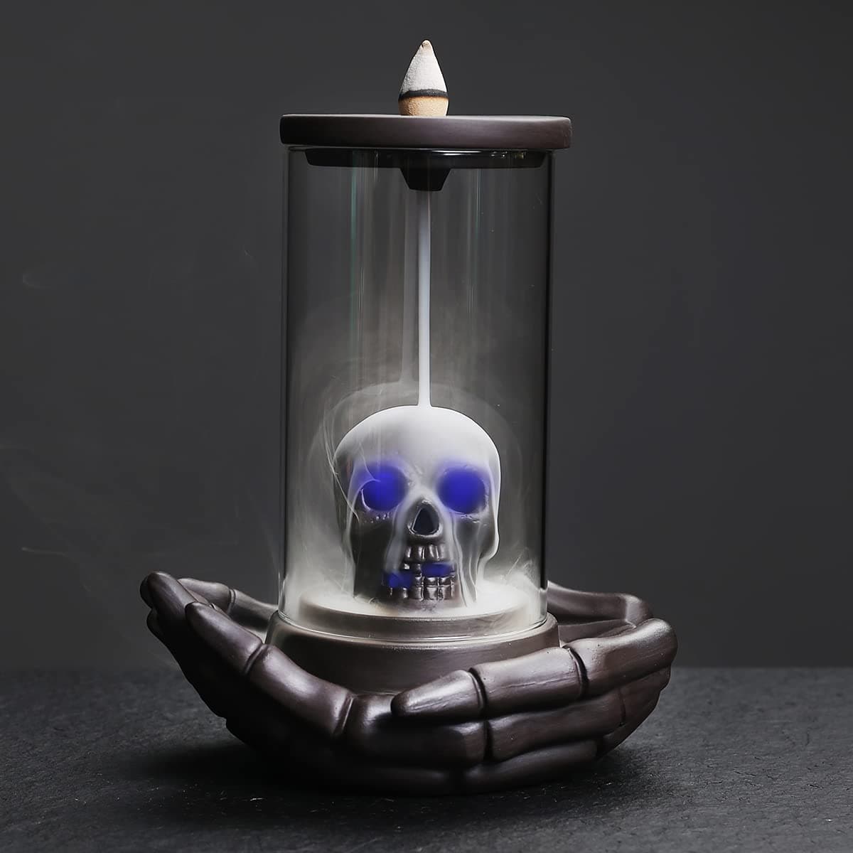 HaisWonsa Skull Incense Burner Holder Backflow Waterfall LED Ceramic Unique Skeleton Incense Burner with 15 Incense Cones for HalloweenAromatherapyYogaHomeRoomOffice Deco