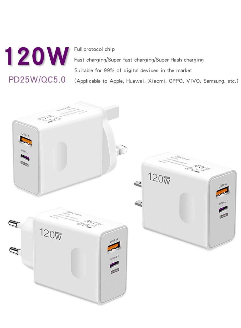120W UK 2 Ports Multifunctional Super Fast Charging Adapter Mobile Phone Charger Travel Power Adapter White