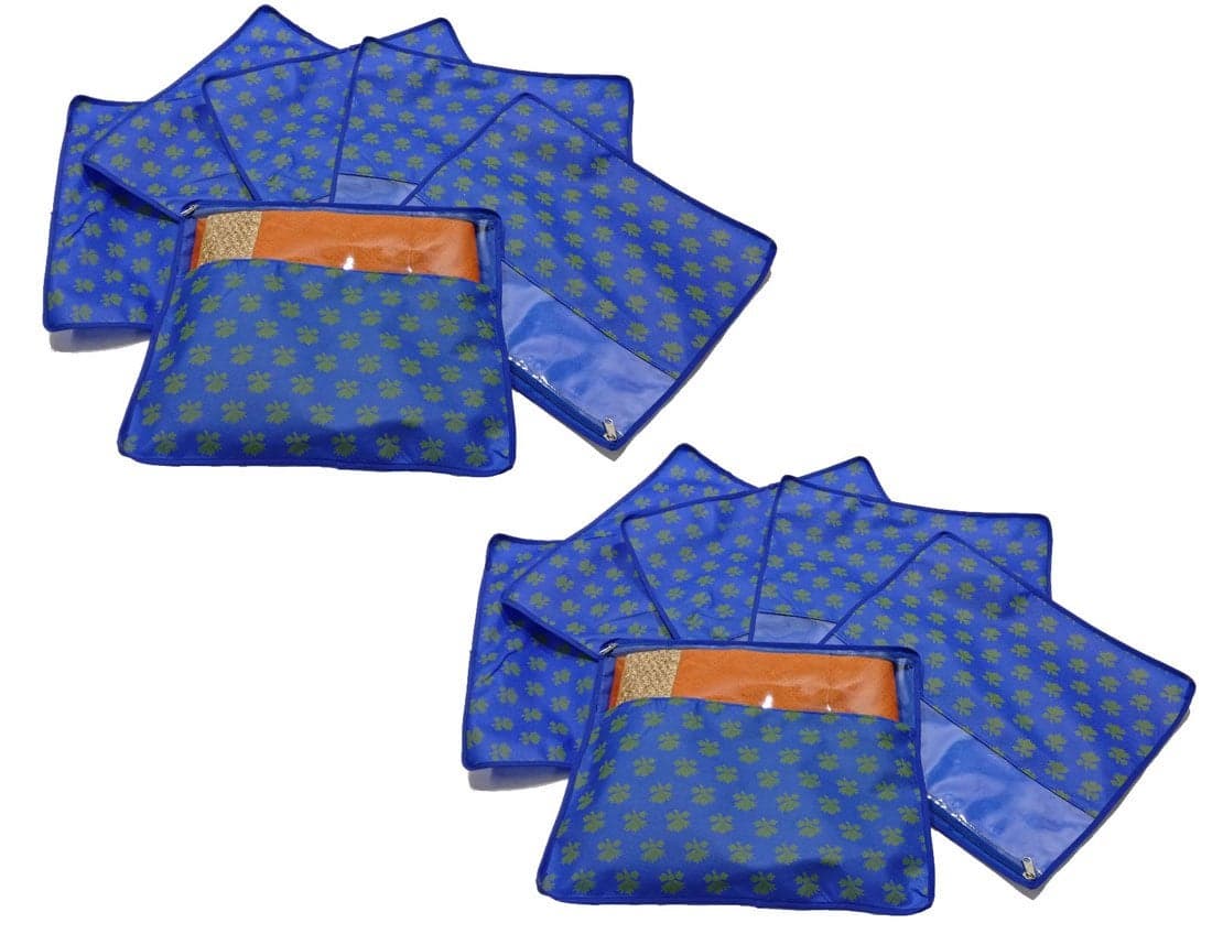 PrettyKrafts Non Woven Saree Covers with ZIP - Pack of 12, Size(16 × 14 Inches) Single Sari Storage Bags/Cover/Pouches for Packing New Sadi - Wardrobe Organizer for Sarees/Cloths With Top Window, Blue