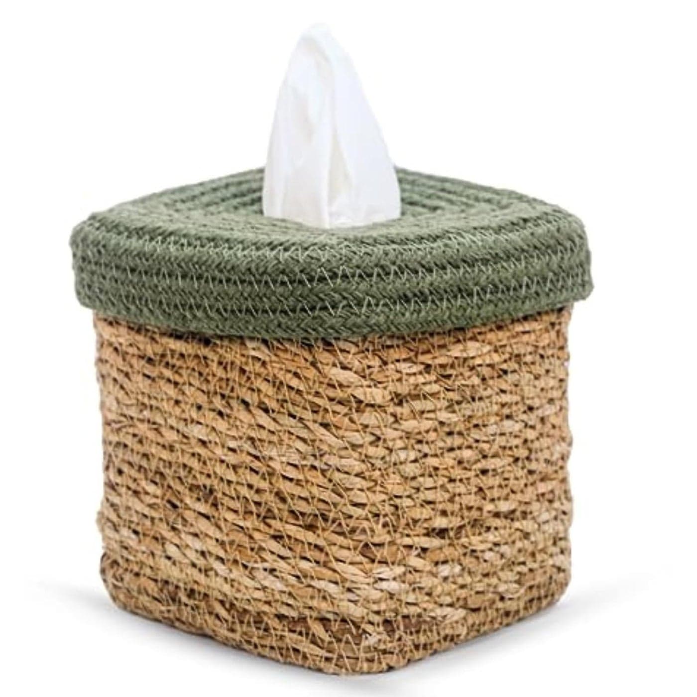 DENOVA Seagrass Tissue Box Holder Square Facial Tissue Box Holder Tissue Dispenser for HomeOfficeCar 14X14X15 Cm Natural Olive