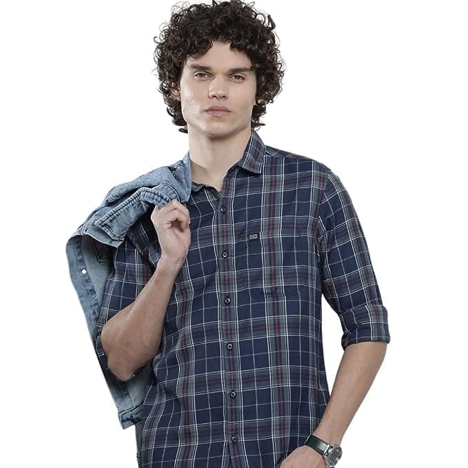 The Indian Garage Co Men's Cotton Checkered Slim Fit Shirt (1222-SHYDCH-02-02_Navy 2XL)