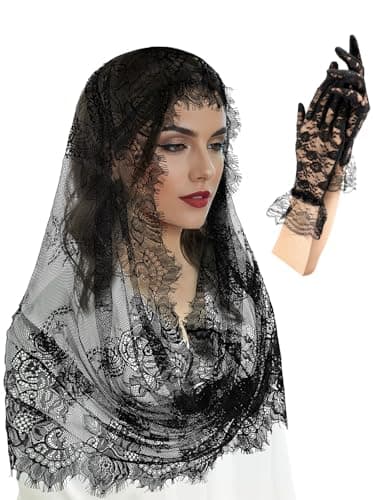 BOARDFEB 2 Pcs Black Lace Veil Church Mantilla Catholic Bridal Wedding Veils Gloves