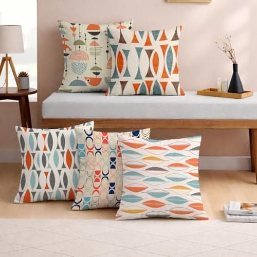 STITCHNEST Set of 5 Polycotton Cushion Covers – 16x16 Inches – Retro Geometric & Abstract Pattern in Orange, Blue & Beige – Mid-Century Modern Cushion Covers for Sofa & Home Decor
