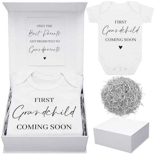 Shyyween 4 Pcs Pregnancy Announcement for Grandparents, First Grandchild Coming Soon Baby Bodysuit, Grandparents Pregnancy Reveal Card Baby Reveal Gift Box Baby Announcement Gifts Set for Grandparents
