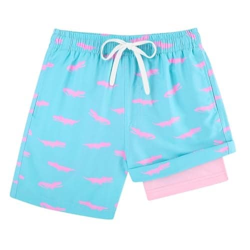 Cozople Crocodile Swim Shorts with Boxer Brief Liner Bright Blue Swimming Trunk Compression Quick Dry Swimwear Anti Chafe Stretchy Boardshorts Size 10-12