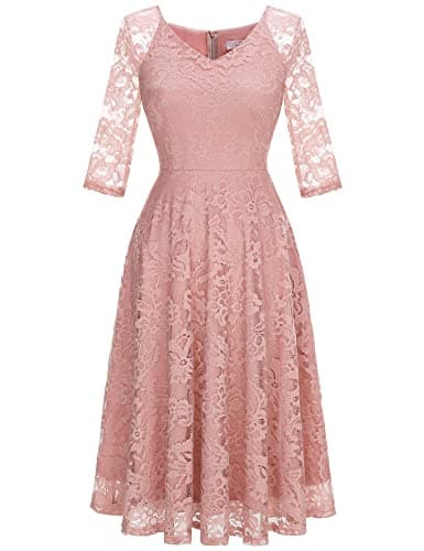 Dressystar Womens Long-Sleeve Wedding Guest Dress A-Line Lace Formal Party Cocktail Midi Dress Prom Gown Blush XL