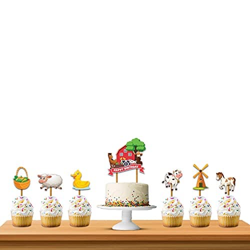 Festiko® Farm House Animal Happybirthday Theme Party Decoration Combo for Cake Cutting,Farm House Animals Party Favors for Kids Birthday Decoration(Cake Topper + 12 Cup Cake Topper)