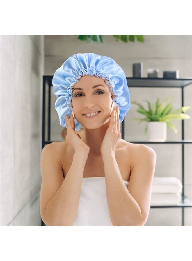 Satin Bonnet Silk Bonnet for Curly Hair Bonnet Braid Bonnet for Sleeping Bonnets for Women Large Double-Layer Adjustable Blue