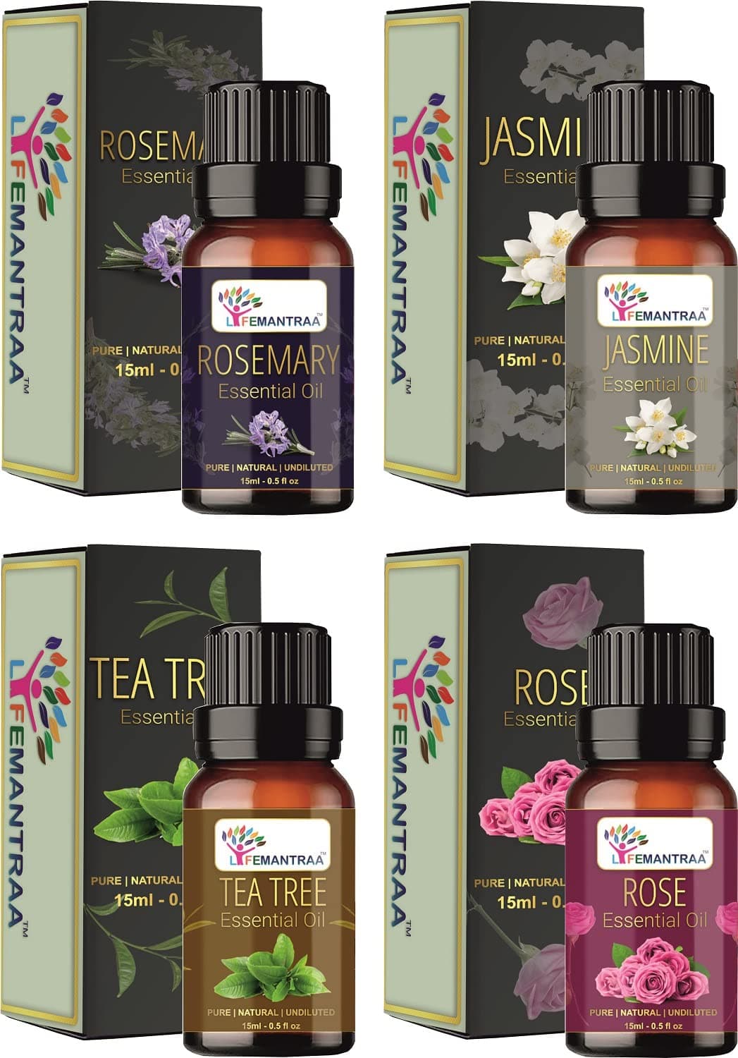 Lifemantraa Pure Rosemary Jasmine Tea Tree and Rose Essential Oil for Home Fragrance Diffuser Essential Oils Set for Room Air Freshener Aroma Oil Diffusers Soap Making Candle Making 15ml Each 60ml