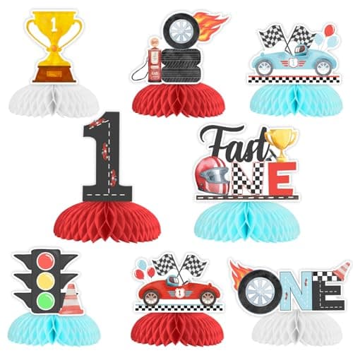 Fast One Birthday Decorations for Boys 8pcs Race Car 1st Birthday Honeycomb Centerpiece Vintage Retro Race Car Centerpiece Table Decorations for Racing Car Birthday Party Supplies