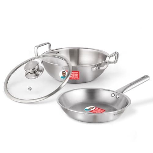 Wonderchef Stella Triply Stainless Steel Cookware Set | 3 Pcs. | Fry Pan 22 cm, Kadhai 22 cm + Lid | for Gas Stove, Induction, Ceramic Cooktop | Uniform Heating | Heavy-Duty Handle | 10-Year Warranty
