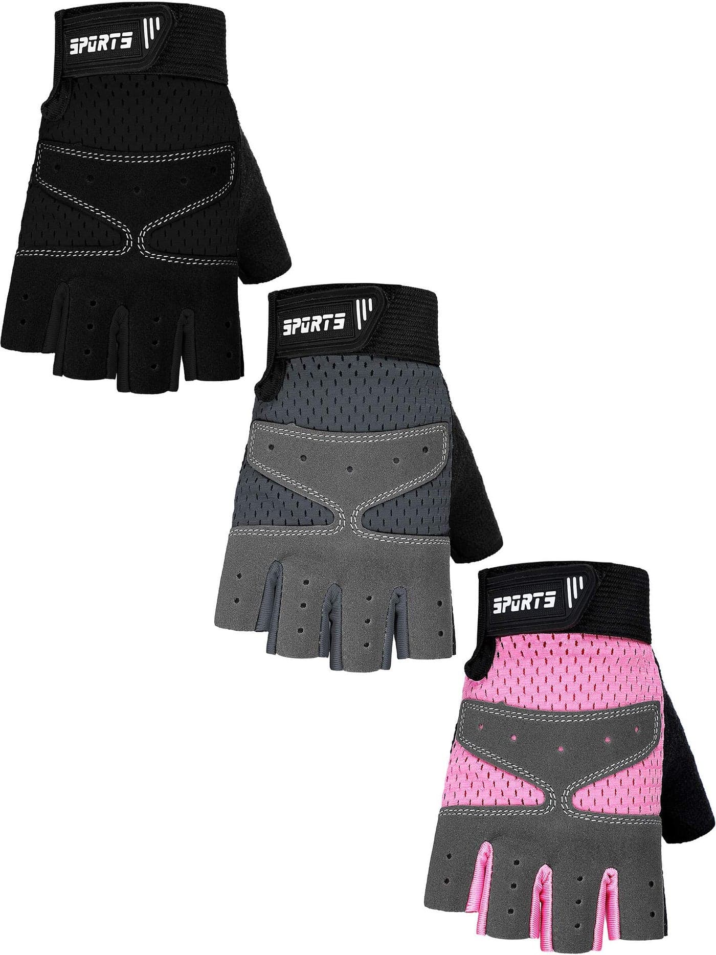 SATINIOR 3 Pairs Kids Half Finger Gloves Non Slip Gel Biking Adjustable Gymnastics Gloves for Girls Boys (Normal Style, 12-16 Years)