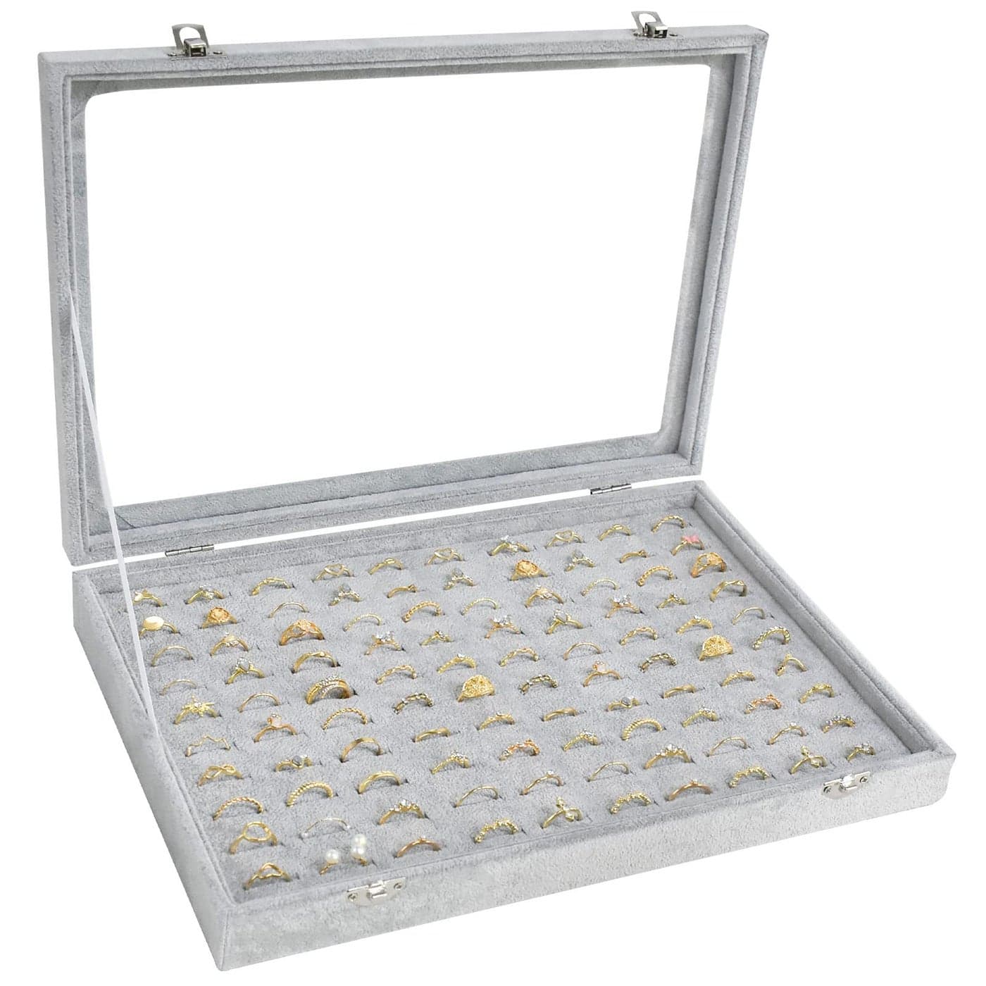 Siveit Ring Display Case Organizer Box with Transparent Lid 100 Slot Holder Showcase For Store Display Jewelry Show Home Organizer For Jewelry Rings Studs Earrings Grey
