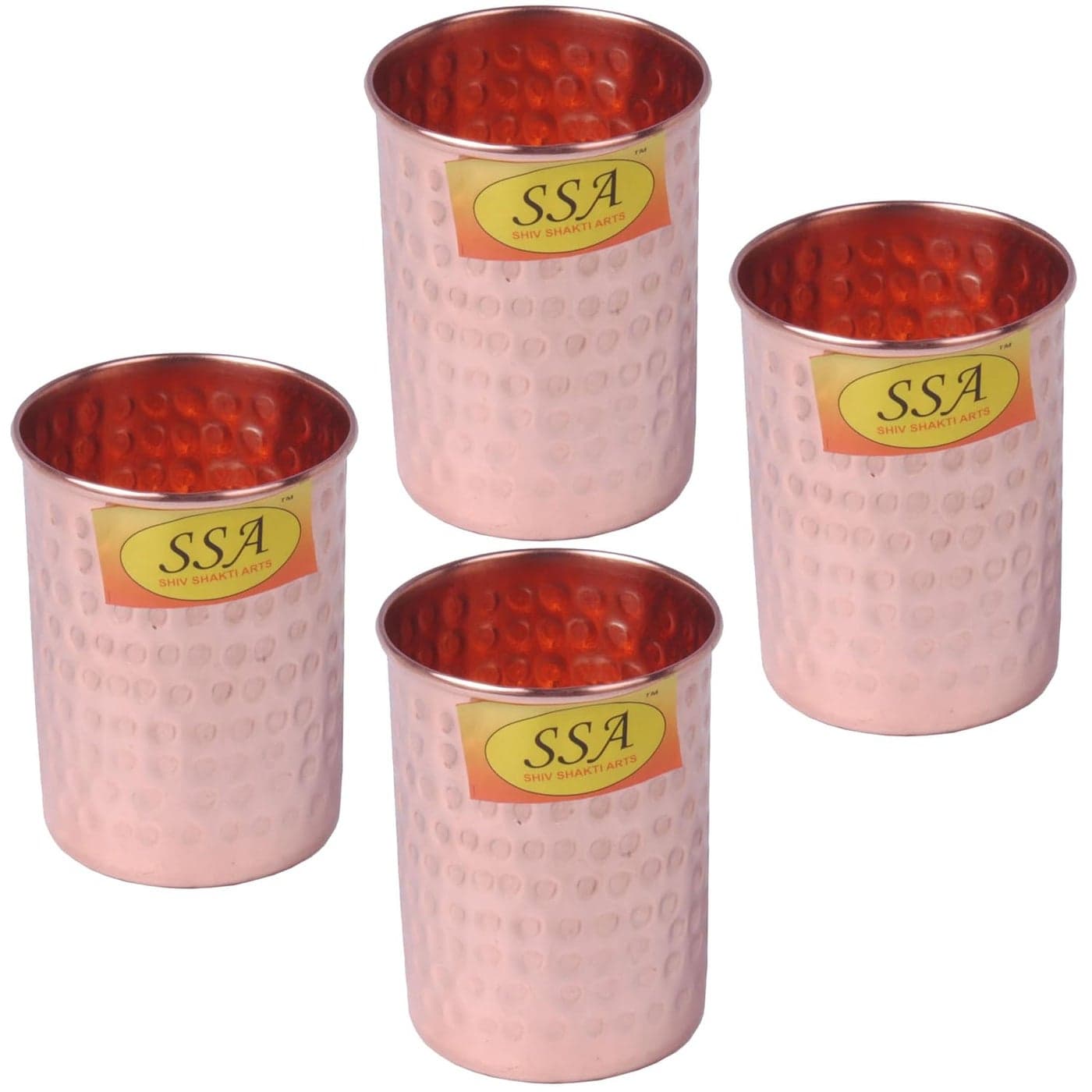 SHIV SHAKTI ARTS Set of 4 10 X 7 X 95 cm Handmade Pure Copper Glass Hammered Designed Tumbler Homeware Drinkware Dinnerware Storage Volume300 ml Each