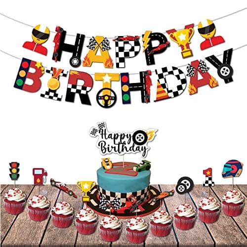 Festiko®Race Car Birthday Decorations for Kids Boys Let's go Racing Party Supplies with Banner,Cake Topper,Cup Cake Topper (12 Pcs)