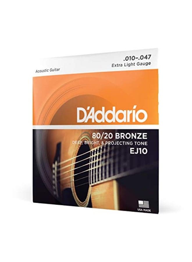 Acoustic Guitar Strings, 80/20 Bronze, EJ10, Extra Light Gauge 10-47, 6-String Set, Pack of 1