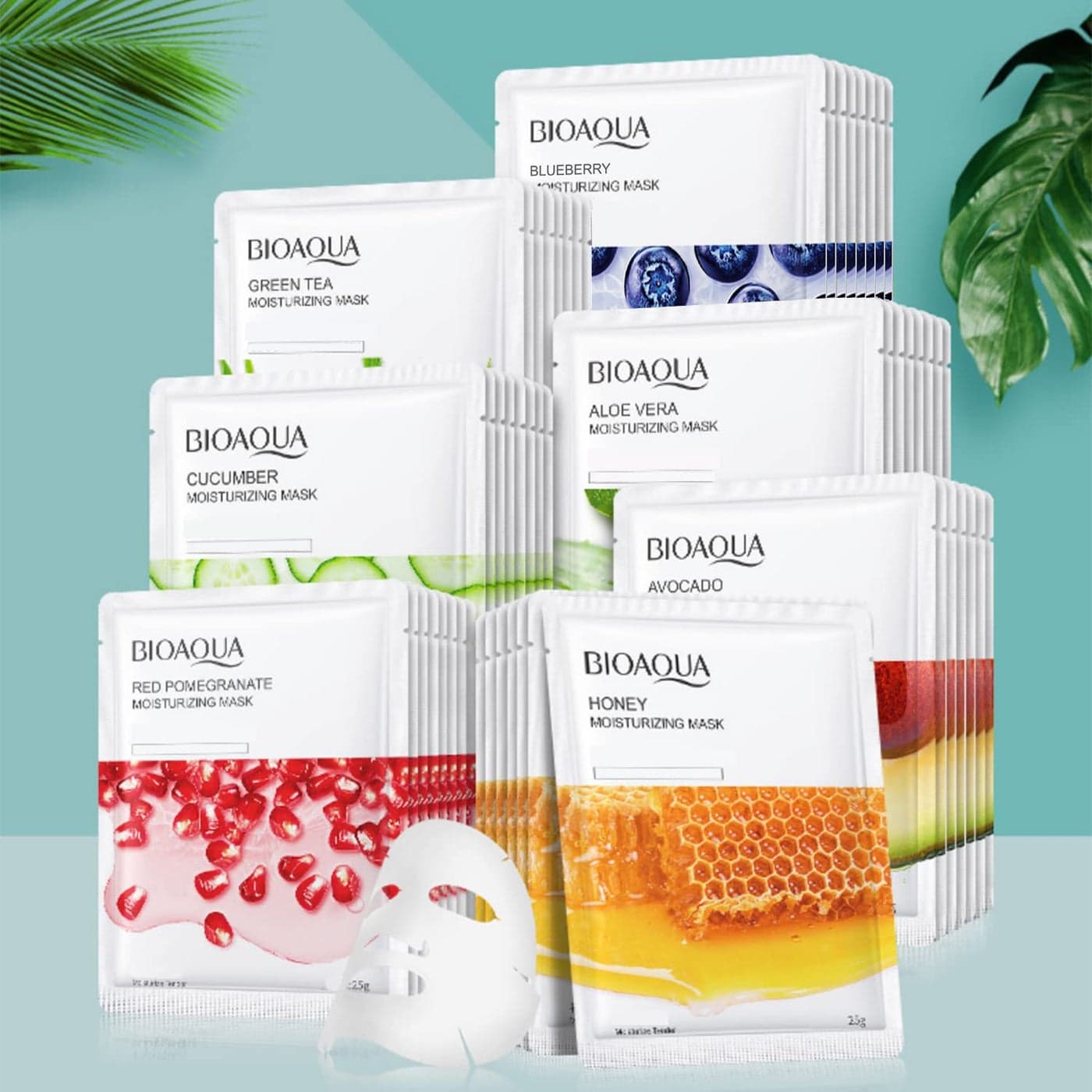BIOAQUA Moisturizing Tender Face Mask Fruit Honey Green Tea Cucumber Avocado Blueberry Red Pomegranate Aloe Vera Facial Skin Care 25g x 8pcs