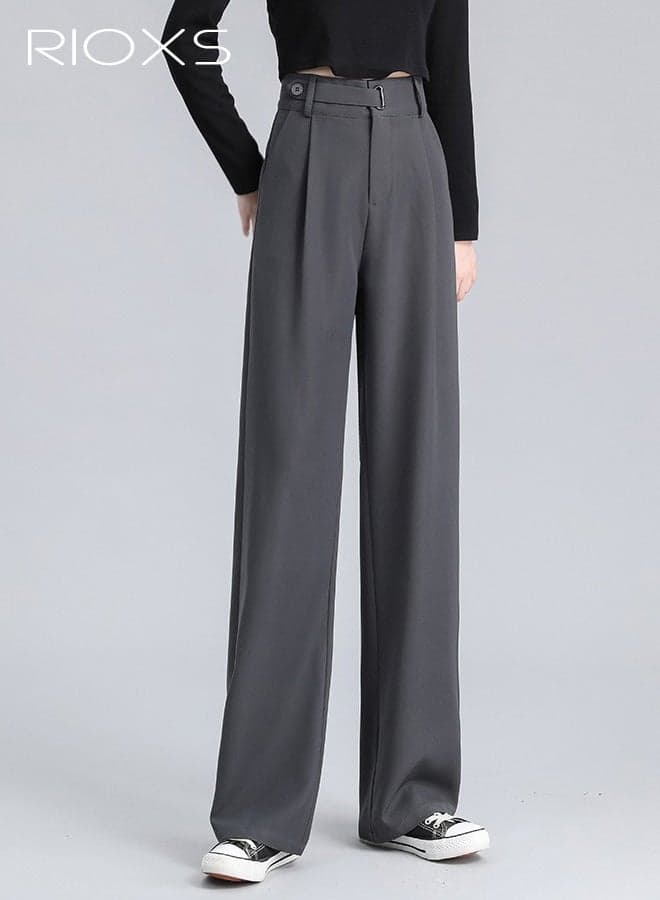 Women's Grey Mid -High Waist Wide Leg Pants, Pear Shape Flattering Trousers, Spring Summer Office Casual Polyester Pants with Adjustable Waist, Comfortable Straight Leg Dress Pants for Young Lady, Stretchy Work Pants with Pockets, Versatile Wardrobe Essential