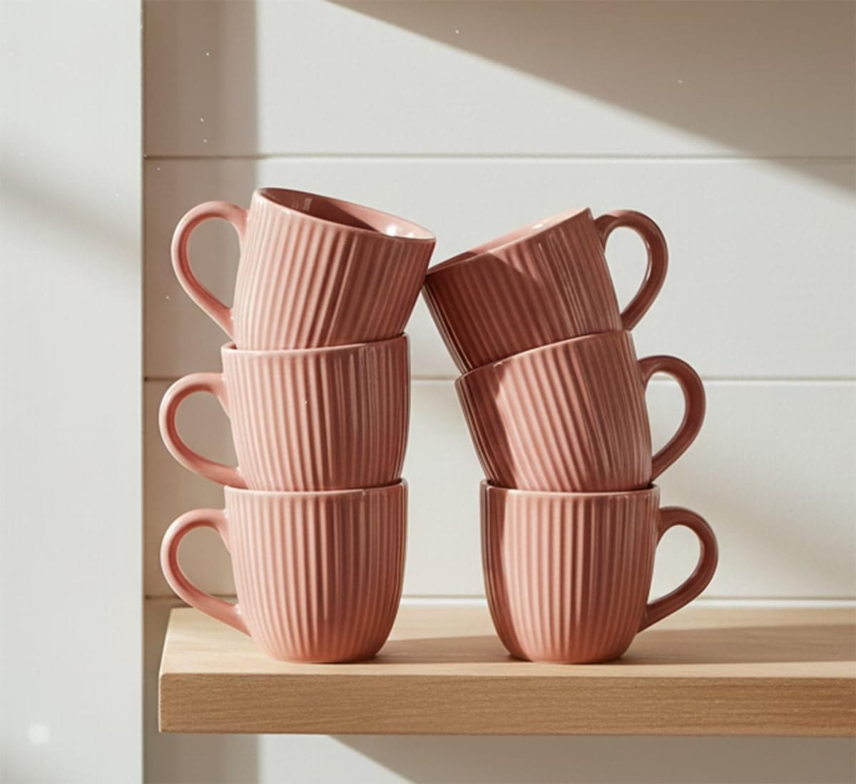 Premium Handcrafted Tea & Coffee Cups/Mugs | Perfect for Daily Use & Gifting, Valentine | Elevate Your Tea and Coffee Experience | Microwave Safe - Set of 6 (Pink Ribbed)