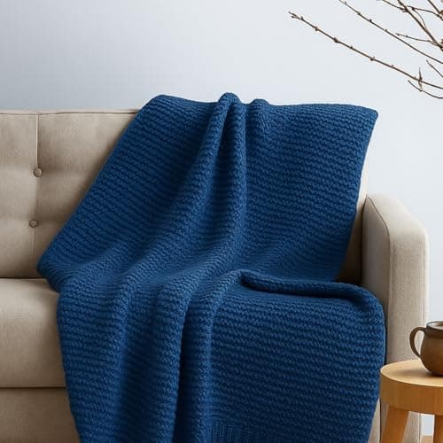 haus & kinder Ocean Ink Knitted Throw Blanket, Decorative Throw Blanket for Soft, Bed, Couch, Blue 125x150cm