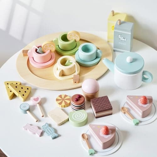 Wooden Tea Party Set for Little Girls 34 PCS Wooden Tea Set for Toddlers 35 Pretend Play Kids Wood Tea Set Toy Play Kitchen Accessories with Play Food Improve Imagination