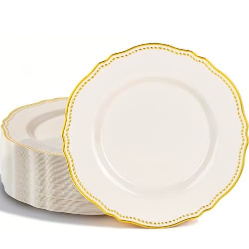 Hioasis 60pcs Ivory Plastic Plates - Ivory and Gold Disposable Dinnerware with Gold Rim, Heavy-duty, 10 inch, Dinner Plates for Party & New Year