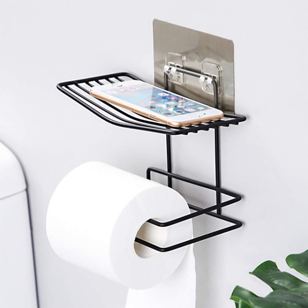 Scholazs Bathroom Metal Wall Mounted Toilet Paper Tissue Towel Holder with Mobile Phone Storage Shelf Black Multicolor
