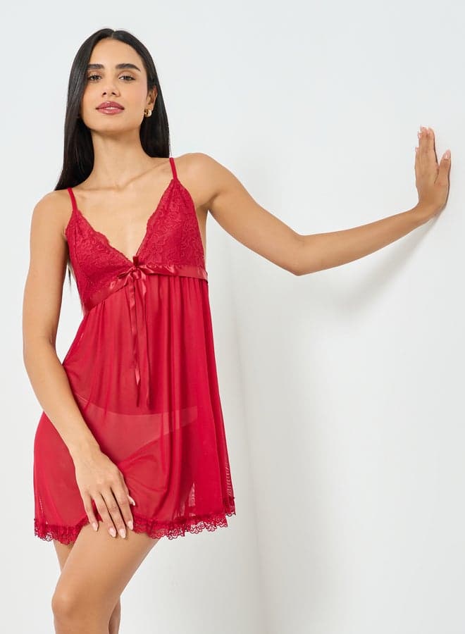 Red Lace Trim Bow Detail Slip Dress