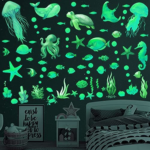 Ocean Fish Wall DecalsGlow in The Dark Sea Wall Decals Vinyl Sea Life Wall Stickers Removable Waterproof Peel and Stick for Boys Kids Bathroom Watercolor Ocean Creatures Decor Green