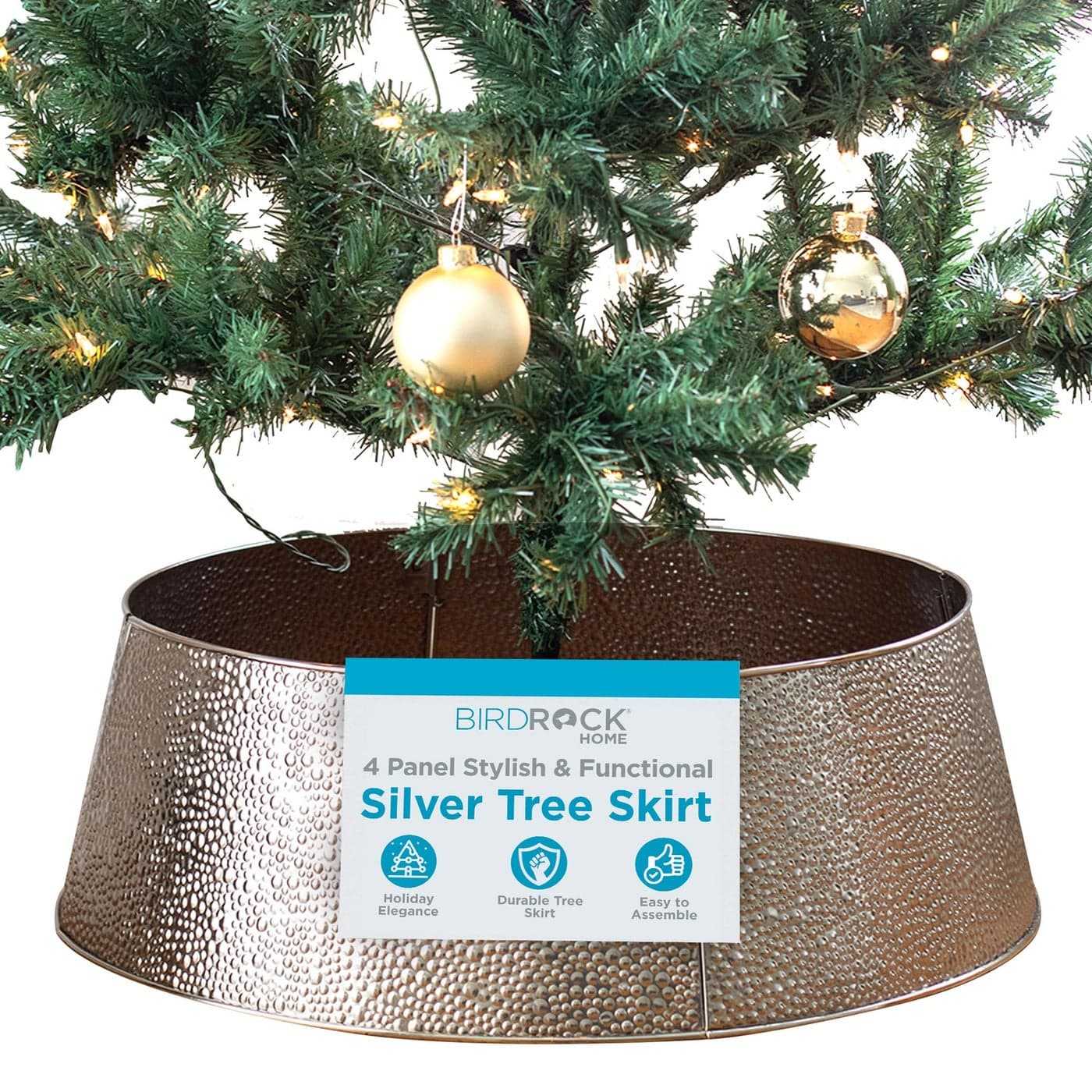 BIRDROCK HOME 4Panel Christmas Tree Collar Silver Bubble Tree Skirt 26 Base Easy to Assemble Xmas Tree Base Cover Metal Holiday Decoration Water Base Protection from Pets Skirt Decor
