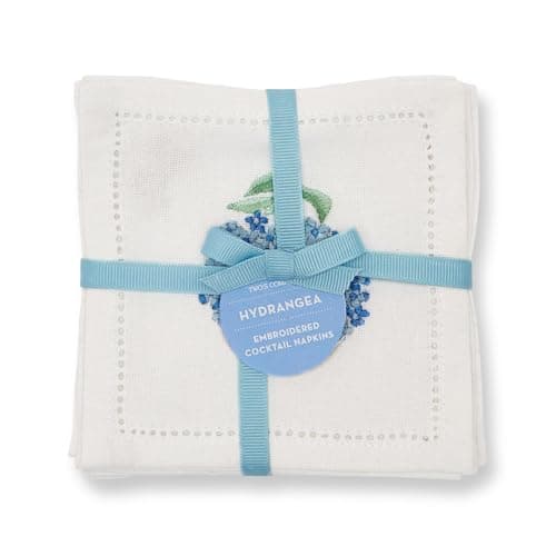Two's Company Hydrangea Set of 6 Hemstitch Cocktail Napkins w/Hand Embroidered Details – Cotton, 5"x5" – Elegant and Durable
