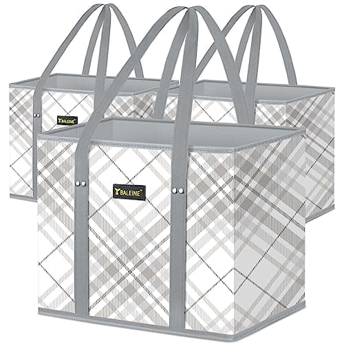BALEINE 3Pk Reusable Grocery Bags, Foldable Shopping Bags for Groceries with Reinforced Bottom & Handles (Plaid Check)