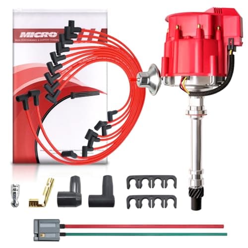 MAS Racing HEI Ignition Distributor with Wiring Set Replacement for Chevy 302 454 gm SBC BBC 65k Coil 7500RPM Chevrolet C10 GMC 400 350 V8 4.6L 5.0L 5.7L 6.5L 6.6L 7.4L(HEI Red Cap)